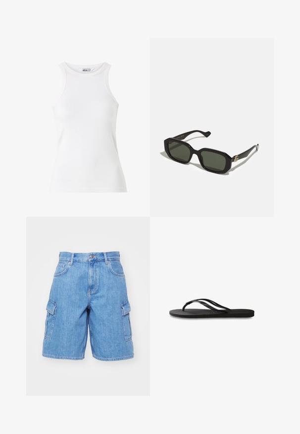 Bílý žebrovaný top na ramínka s vysokým výstřihem a bezrukávovým designem. Měkká textura, přiléhavý střih a minimální detaily šití.; Džínové cargo šortky světle modré barvy, s dvěma bočními kapsami, zapínáním na knoflík, poutky na opasek a volným střihem. Hladká textilie.; Černé žabky s texturovanou gumovou podrážkou, dvěma štíhlými popruhy a jemným, embosovaným logem na popruhu.; Černé obdélníkové sluneční brýle s pevným zeleným sklem, s lesklým povrchem a zlatým logem na straně.