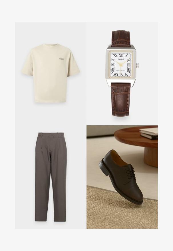 Beige cotton t-shirt with short sleeves, a rounded neckline, and a small "SELECTED" logo on the left chest. Smooth texture.; Jack & Jones JPSTBILL JJDAYTONA WIDE - Trousers - pavement; Brown leather dress shoe with a textured upper, lace-up design, contrasting stitching, and a durable rubber sole, floating above a woven rug.; Casio rectangular watch with a white face, gold accents, Roman numerals, and a brown crocodile-pattern leather strap. Water-resistant design.