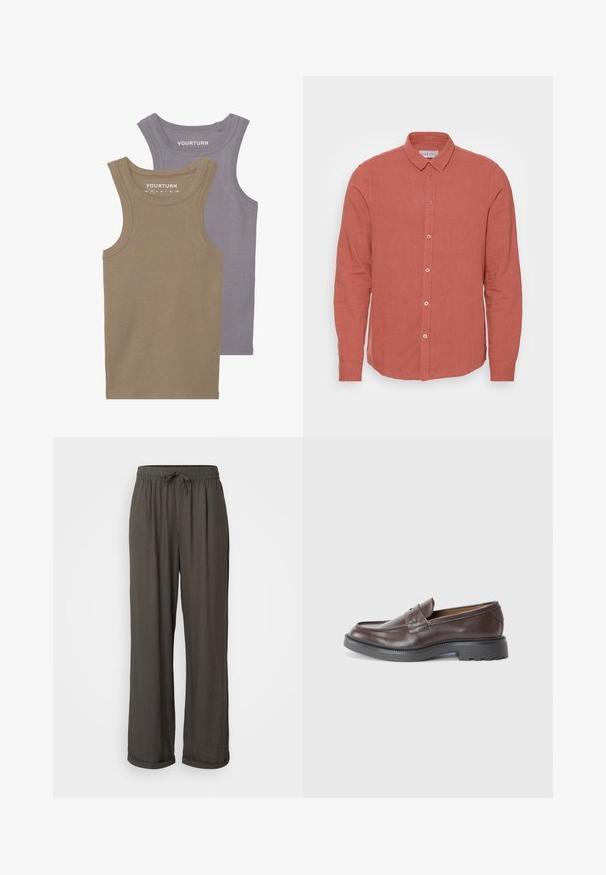 Due magliette senza maniche in morbido cotone. Una è marrone chiaro, l'altra è grigio lavanda, con una texture a coste e scollature rotonde.; Camicia a maniche lunghe in lino corallo sbiadito, caratterizzata da un colletto classico e chiusura frontale con bottoni coordinati. Tessuto morbido e vestibilità sagomata.; Pantaloni a gamba larga grigio scuro con vita regolabile, realizzati in un morbido tessuto testurizzato, con risvolti alle caviglie.; Mocassini in pelle marrone con finitura liscia, punta arrotondata, cuciture minime e suola spessa in gomma nera. Nessun hardware o accenti visibili.