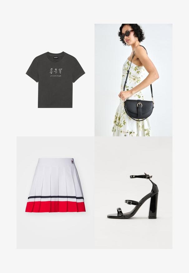 T-shirt cinza carvão feito de algodão macio, apresentando flores bordadas brancas e o texto "cultive pensamentos positivos" abaixo do design.; Saia pregueada em tecido branco com riscas horizontais em vermelho e azul marinho na bainha, com um cós liso e uma etiqueta com o logo.; Sandálias pretas de verniz com salto alto, duas fivelas, biqueira quadrada e salto largo, apresentando uma textura lisa e brilhante.; Bolsa de couro preta com forma curva, alça destacável e detalhes em dourado. A bolsa possui uma aba com detalhe de fivela.