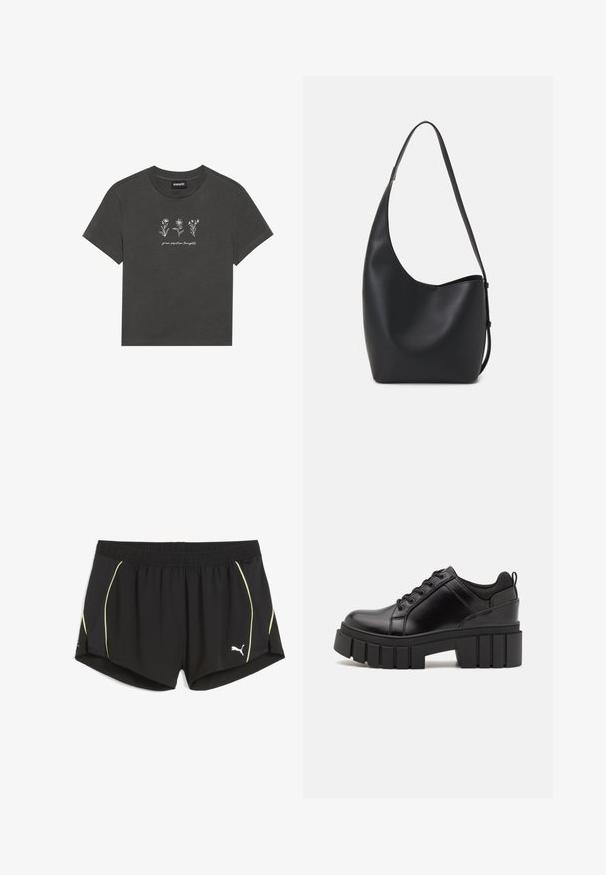 T-maica v ogljeno sivi barvi, izdelana iz mehkega bombaža, z belimi vezenimi rožami in napisom "goji pozitivne misli" pod dizajnom.; Črne športne kratke hlače iz lahkega materiala, značilne z rumenimi stranskimi poudarki in elastičnim pasom. Logotip je nameščen na spodnjem levem delu.; Črne usnjene platforme z debelim blokastim petam, okroglo konico in klasičnim vezanjem. Imajo gladko teksturo in minimalne podrobnosti.; Črna usnjena hobo torba z gladko teksturo, ukrivljeno obliko in eno nastavljivo naramnico; ima širok odprtina na vrhu.
