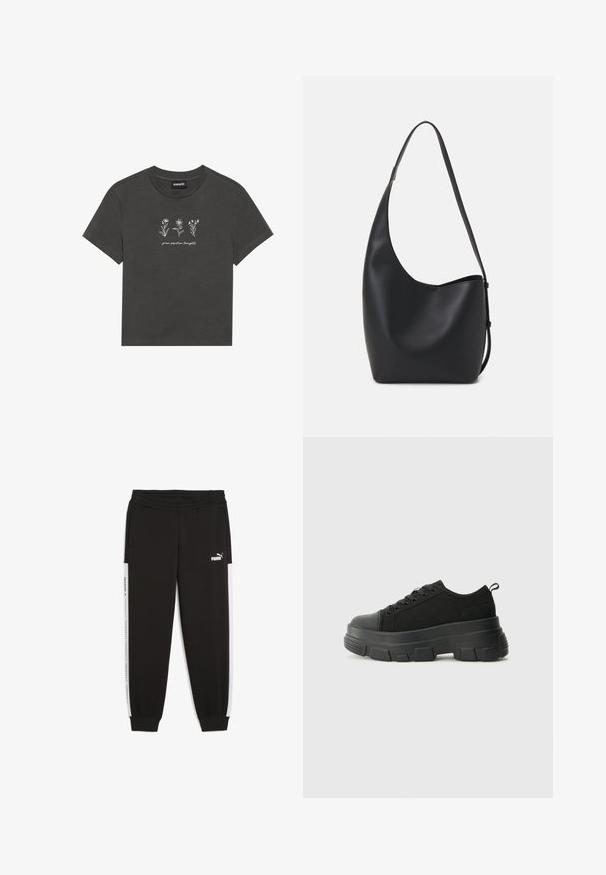 Kulfyldt grå T-shirt lavet af blød bomuld, med hvide broderede blomster og teksten "dyrk positive tanker" under designet.; Sorte sweatpants med elastisk talje, sidelommer og hvide sidestriber med logo detaljer. Fremstillet af blødt, strækbart stof.; Sorte sneakers med en kraftig gummisål, tekstureret stofoverdel, rund tå og snørredesign. Har forstærkede snørrehuller og en trækkrog bagpå.; Sort læder hobo taske med en glat overflade, buet form og en enkelt justerbar rem; har en bred åbning øverst.