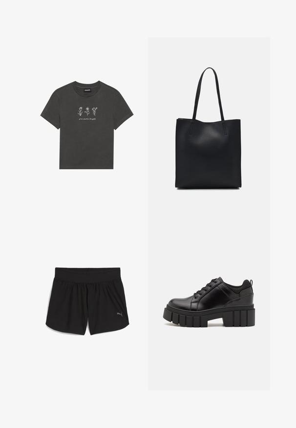 Süsinikhalli T-särk, mis on valmistatud pehmest puuvillast, millel on valged tikitud lilled ja allpool disaini tekst "kasva positiivseid mõtteid."; Mustad spordishortsid elastse vöökoht, valmistatud pehmest kangast; alumises vasakus servas on väike hall Puma logo.; Must musta platvormsussid paksu plokkninal, ümmarguse varbaga ja traditsioonilise nööridega kinnitamisega. Sussid on sileda tekstuuriga ja minimaalsete detailidega.; Mustast nahast kott sujuva tekstuuriga, ristkülikukujuline ja kahe pika sangaga. Pole nähtavat riistvara ega kaunistusi.