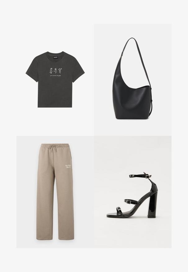 T-shirt cinza carvão feito de algodão macio, apresentando flores bordadas brancas e o texto "cultive pensamentos positivos" abaixo do design.; Calças de treino bege feitas de algodão macio, com uma cintura elástica e cordão de ajuste, e um pequeno logótipo branco na perna esquerda.; Sandálias de tacão preto laqueadas com bico quadrado, tiras para o tornozelo e fivelas prateadas. Apresentam um salto bloco chunky para estabilidade.; Saco hobo preto em pele com uma textura lisa, forma curva e uma única alça ajustável; apresenta uma abertura larga na parte de cima.