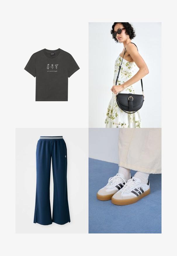 T-maica v ogljeno sivi barvi, izdelana iz mehkega bombaža, z belimi vezenimi rožami in napisom "goji pozitivne misli" pod dizajnom.; Temno modri atletski hlače s širokimi nogami, elastičnim pasom, ki ima belo črto, in stranskimi razporki za večjo gibljivost. Logotip na žepu.; Bele tene škornje s črnimi črtami in bež usnjenimi detajli. Imajo teksturirano gumijasto podplat in ravne bele vezalke, nosijo se z svetlimi nogavicami.; Črna usnjena torbica s ukrivljeno obliko, z odstranljivo naramnico in zlatimi dodatki. Torbica ima pokrov s podrobnostmi v obliki zaponke.