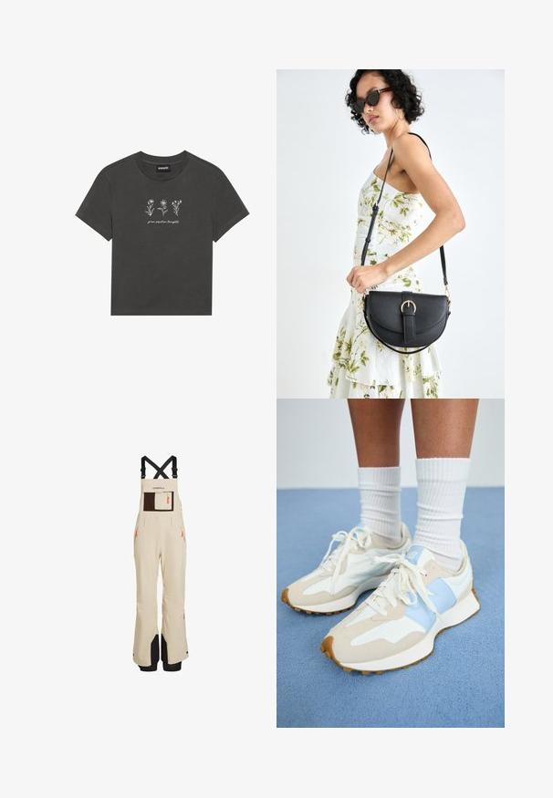 T-shirt grigio carbone realizzato in cotone morbido, con fiori ricamati bianchi e la scritta "crescere pensieri positivi" sotto il design.; Pantaloni da neve beige con spalline nere regolabili, dotati di una grande tasca frontale marrone, tasche laterali con cerniera e accenti neri nella parte inferiore.; Sneakers leggeri con un design beige e azzurro chiaro. Presentano materiali in suede e mesh, lacci bianchi e suola in gomma testurizzata.; Borsa a tracolla nera in pelle con una forma curva, manico rimovibile e accessori dorati. La borsa presenta una patta con un dettaglio a fibbia.