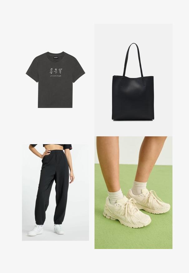 Charcoal gray T-shirt made of soft cotton, featuring white embroidered flowers and the text "grow positive thoughts" below the design.; New Balance ESSENTIALS FRENCH JOGGER - Tracksuit bottoms - black; Light tan sneakers feature textured fabric, rounded toe, and a cushioned sole. Worn with beige ankle socks on a green surface.; Black leather tote bag with smooth texture, rectangular shape, and two long handles. No visible hardware or embellishments.