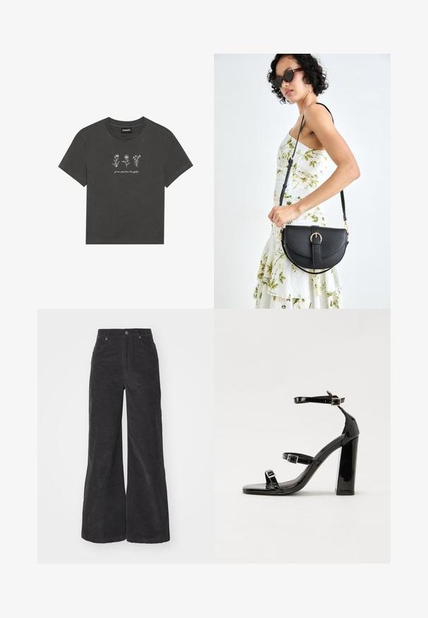 T-shirt gris charbon en coton doux, avec des fleurs brodées blanches et le texte "cultivez des pensées positives" en dessous du motif.; Pantalons large en velours côtelé noir avec taille haute, poches avant et fermeture à bouton. Le tissu présente une surface douce et texturée.; Sandales à talons vernies noires avec un bout carré, des sangles autour de la cheville et des boucles en argent. Dotées d'un talon bloc épais pour plus de stabilité.; Sac à main en cuir noir avec une forme courbée, bandoulière amovible et des accessoires en or. Le sac est doté d'un rabat avec un détail de boucle.