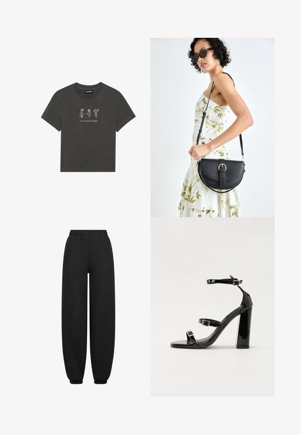 Sot grå T-skjorte laget av myk bomull, med hvite broderte blomster og teksten "vokse positive tanker" under designet.; Sorte joggebukser med avslappet passform, elastisk midje og avsmalnende mansjetter. Laget av et mykt, glatt stoff uten synlige mønstre.; Svarte høyhælte sandaler i lakk med to spennestraps, firkantet tå og en tykk blokkhæl, med en glatt, blank tekstur.; Svart lærveske med en buet form, avtagbar stropp og gullbeslag. Vesken har et klaff med spenne-detall.