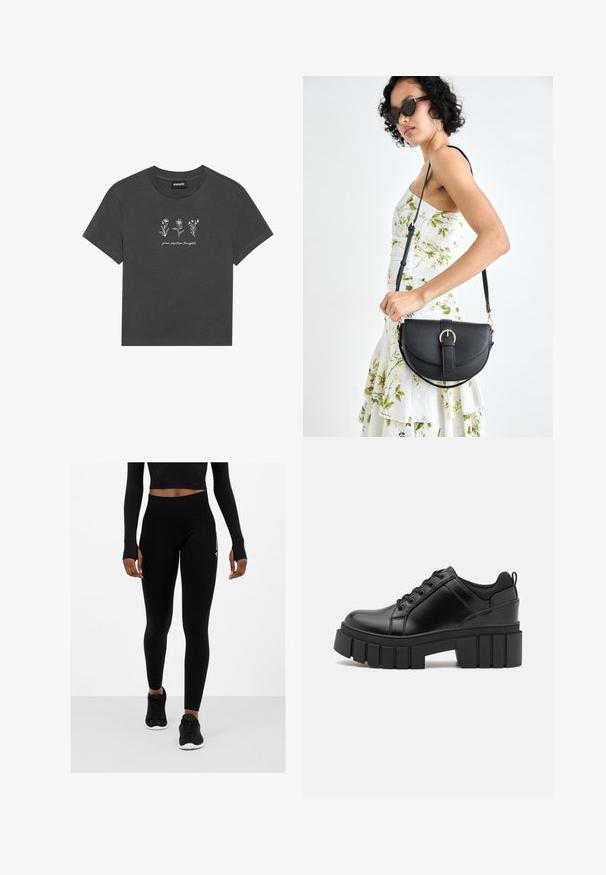 T-maica v ogljeno sivi barvi, izdelana iz mehkega bombaža, z belimi vezenimi rožami in napisom "goji pozitivne misli" pod dizajnom.; Črne legice z visokim pasom, teksturirana tkanina in oprijet kroj, v kombinaciji s črnimi športnimi čevlji. Zgornji del je delno prekrit s kratkim topom.; Črne usnjene platforme z debelim blokastim petam, okroglo konico in klasičnim vezanjem. Imajo gladko teksturo in minimalne podrobnosti.; Črna usnjena torbica s ukrivljeno obliko, z odstranljivo naramnico in zlatimi dodatki. Torbica ima pokrov s podrobnostmi v obliki zaponke.