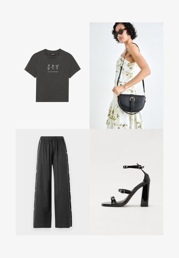 T-paita hiilenharmaata pehmeästä puuvillasta, jossa on valkoiset brodeeratut kukat ja teksti "kasva positiivisia ajatuksia" kuvion alla.; Mustat leveälahkeiset housut, joissa on joustava vyötärö ja nyöri, sekä valkoiset brodeeratut yksityiskohdat sivusaumassa. Sujuva pinta.; Musta kiiltävä korkokenkä sandaalit neliönmuotoisella varpaalla, nilkkaremmillä ja hopeisilla soljilla. Varustettu tukevalla lohkokorkealla vakauden takaamiseksi.; Musta nahkainen käsilaukku, joka on kaareva muotoilultaan, irrotettavalla hihnalla ja kultaisilla yksityiskohdilla. Laukussa on läppä, jossa on solk yksityiskohta.