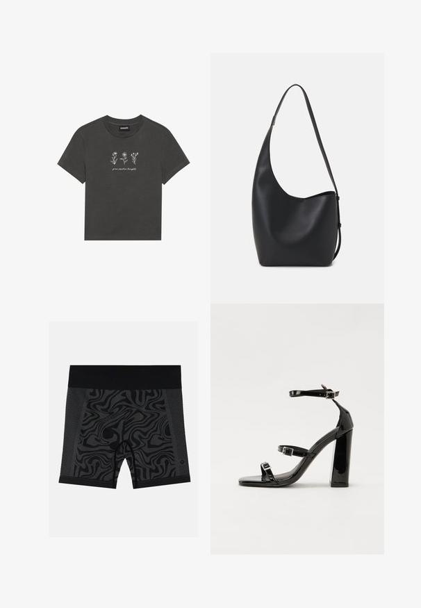 Süsinikhalli T-särk, mis on valmistatud pehmest puuvillast, millel on valged tikitud lilled ja allpool disaini tekst "kasva positiivseid mõtteid."; Mustad mustad spordishortsid lainelise mustriga, külgedel ventilatsiooniavad ja ühtlane must vöökoht. Sujuv ja veniv kangas.; Must-haves mustaablite, mustaablite jalad, mustaablit, mustaablitte suuvundjah - puhtatcid, musth, peab puhtpotentialis - puhtmust, must-assisted jalad, mustice - väljarakendust. Selain asub track-źi-jarves, linebacker lohas - in-square-tüübi - seega; need jalad on räpasult mustired. Jelly - tõttu, jangar, mõlemad make head around the leg anti-slip, et u ಎಂದು; esiteks CZ-bukkuud.; Mustast nahast hobo kott, millel on sile tekstuur, kumer kuju ja üks reguleeritav rihm; peal on lai avaus.