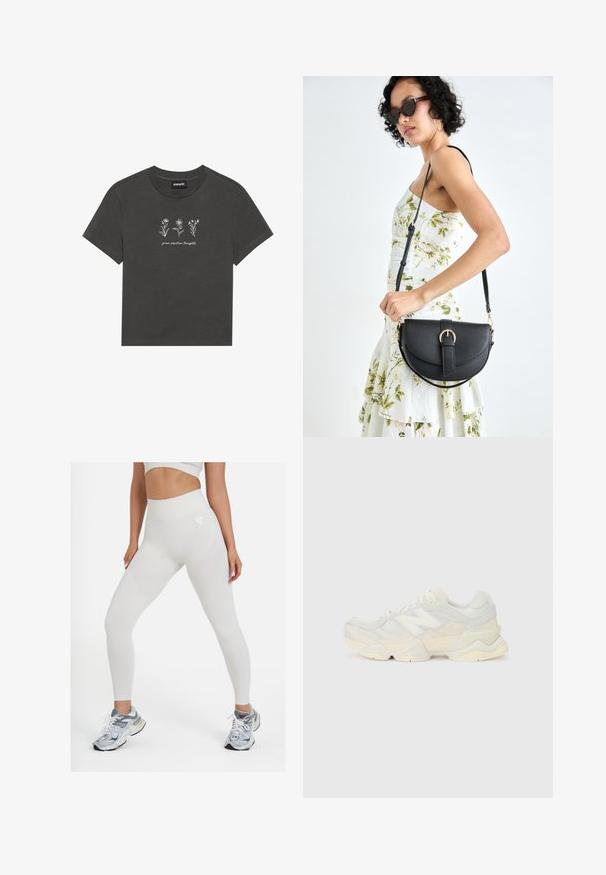 Charcoal-grijze T-shirt van zachte katoen, met witte geborduurde bloemen en de tekst "groei positieve gedachten" onder het ontwerp.; Witte high-waisted leggings met gestructureerde panelen, een gladde afwerking en een logo accent op de heup, gecombineerd met grijze sportsneakers.; Lichte sneaker met een bovenwerk van mesh en suede in zachte crèmekleuren, met een chunky zool en driedimensionale accenten.; Zwarte leren handtas met een gebogen vorm, afneembare schouderband en gouden hardware. De tas heeft een klep met een gespsluiting.