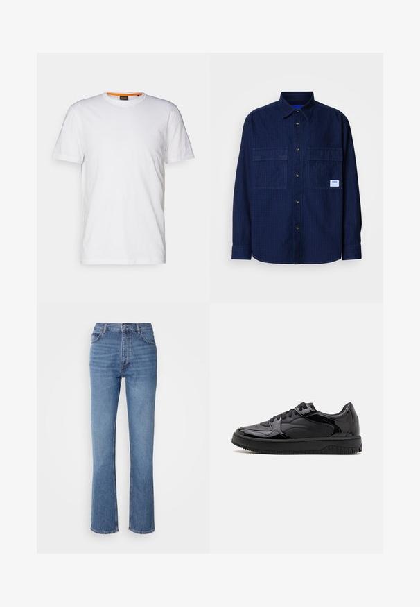 Fehér pamut póló kerek nyakkivágással, rövid ujjakkal, és finoman domborított logóval a mellkason. A belső címke narancssárga akcentussal rendelkezik.; Tengerészkék hosszú ujjú ing, amelynek két mellzsebe van, és a jobb zseben egy kisebb fehér címke található.; Kék farmernadrág magas derékkal, egyenes szabású dizájnnal és enyhe kopással. Jellemzője az klasszikus öt zsebes kialakítás és cipzáras zárás.; Fekete sneaker, sima, fényes lakkbőr felsőrésszel, perforált részlettel az orrán és texturált talppal a tapadásért. Minimalista dizájn.
