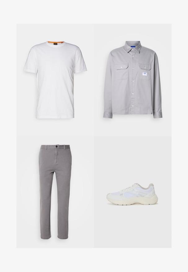 Hvid bomulds T-shirt med rund hals, korte ærmer og et subtilt præget logo på brystet. Indvendigt mærke har en orange detalje.; Grå langærmet skjorte lavet af bomuld, med en knap-ned krave, to brystlommer og en lille mærketiket på den venstre lomme.; Grå bukser i bomuldsblanding med lige ben, enkelt knaplukning og sidelommer. Glat tekstur med en subtil glans.; Hvide sportssko lavet af mesh og ruskind, med en struktureret mellemsål, strukturerede detaljer og "HUGO"-logoet på siden.