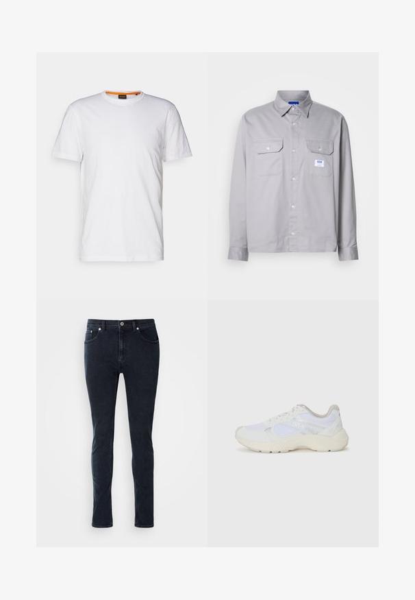 Balta kokvilnas T-krekls ar apaļu kakla izgriezumu, īsām piedurknēm un nemanāmu reljefa logo uz krūšu daļas. Iekšējā birka ar oranžu akcentu.; Pelēks garām piedurknēm krekls, izgatavots no kokvilnas, ar pogājamu apkakli, divām krūšu kabatām un mazu zīmola etiķeti kreisajā kabatā.; Tumši zili džinsi ar šauru piegriezumu, ar pogu aizdari, piecām kabatām un smalkiem šuvuma elementiem.; Baltas sporta apavi, kas izgatavoti no sieta un zamšāda, ar teksturētu starpzoli, teksturētām akcentēm un "HUGO" logo sānos.