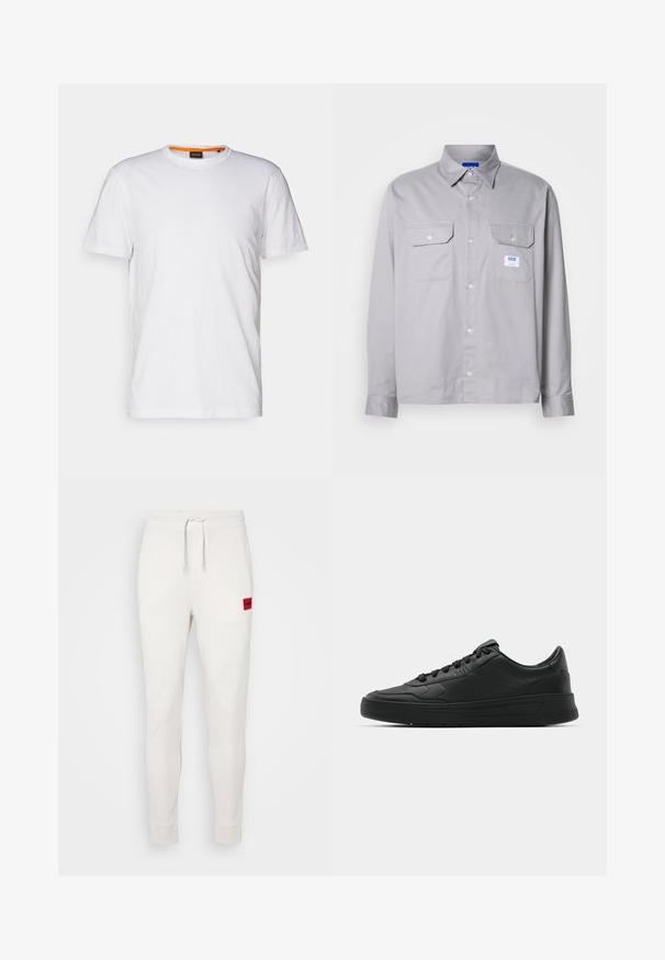 Tricou alb din bumbac, cu guler rotund, mâneci scurte și un logo subtil embosat pe piept. Eticheta interioară are un accent portocaliu.; Cămașă gri cu mâneci lungi, fabricată din bumbac, având gulere cu nasturi, două buzunare pe piept și un mic eticheta branduită pe buzunarul din stânga.; Pantaloni de trening albi cu talie elastică și șnur, manșete ribbate și o etichetă roșie cu logo pe coapsa stângă. Material moale și design slim fit.; Nike sport cu partea superioară din piele netedă, vârf rotund, sireturi plate, guler căptușit și design minimalist. Talpă din cauciuc cu un model discret de profil.