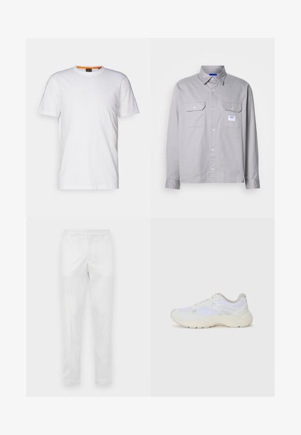 White cotton T-shirt with a crew neck, short sleeves, and a subtle embossed logo on the chest. Interior tag has an orange accent.; Gray long-sleeve shirt made of cotton, featuring a button-down collar, two chest pockets, and a small branded label on the left pocket.; Slim-fit white trousers with belt loops, front zipper, and side pockets, displayed flat on a neutral background.; White athletic shoes made of mesh and suede, featuring a textured midsole, textured accents, and "HUGO" logo on the side.