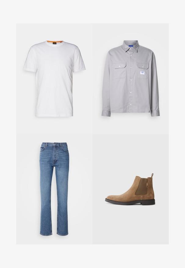Hvit t-skjorte av bomull med rund hals, korte ermer og en subtil preget logo på brystet. Innvendig etikett har en oransje aksent.; Grå langermet skjorte laget av bomull, med krage med knapper, to brystlommer og en liten merkeetikett på venstre lomme.; Blå denimjeans med høy midje, rett ben-design og subtil falming. Har klassisk fem-lomme stil og glidelås lukking.; Brune semsket Chelsea-støvlett med elastiske sidestykker og en trekkmal. Har en avrundet tå og en flat gummisåle for stabilitet.