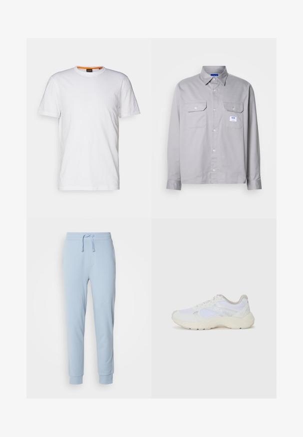 Valkoinen puuvillateepaita, jossa on pyöreä kaula-aukko, lyhyet hihat ja hillitty kohopainettu logo rinnassa. Sisämerkissä on oranssi yksityiskohta.; Harmaa pitkähihainen paita, joka on valmistettu puuvillasta. Paidassa on napillinen kaulus, kaksi rintataskua ja pieni merkkilogo vasemmassa taskussa.; Vaatekappaleet vaaleansiniset collegehousut, jotka on valmistettu pehmeästä kankaasta, jossa on joustava vyötärö ja säädettävä naru. Hihan täydentävät käärityt helmamallit.; Valkoiset urheilukengät, jotka on valmistettu verkkokankaasta ja mokasta, sisältävät tekstuurillisen välipohjan, teksturoituja yksityiskohtia ja "HUGO"-logon sivussa.