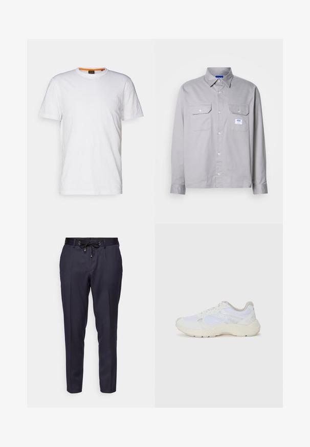 Bela bombažna majica s kratkimi rokavi in okroglim izrezom, z diskretnim reliefnim logotipom na prsih. Notranja oznaka ima oranžni akcent.; Siva dolga majica z dolgimi rokavi, narejena iz bombaža, z ovratnikom na gumb, dvema žepoma na prsih in majhno blagovno oznako na levem žepu.; Temno modri hlače iz gladkega materiala, z vrvico v pasu in tapered dizajnom. Raven sprednji del z minimalnimi detajli, kar zagotavlja eleganten silhueto.; Bela športna obuvala iz mrežastega in semiš materiala, z teksturiranim podplatom, teksturiranimi dodatki in logotipom "HUGO" na strani.