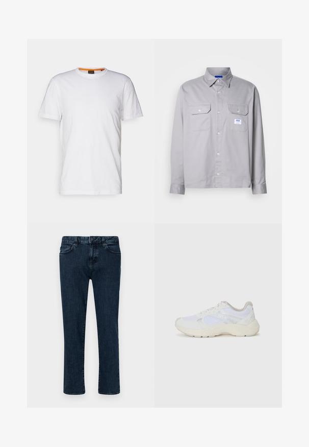 Bela bombažna majica s kratkimi rokavi in okroglim izrezom, z diskretnim reliefnim logotipom na prsih. Notranja oznaka ima oranžni akcent.; Siva dolga majica z dolgimi rokavi, narejena iz bombaža, z ovratnikom na gumb, dvema žepoma na prsih in majhno blagovno oznako na levem žepu.; Temno modri kavbojki z ravnimi hlačnicami, petimi žepi, zapiranjem na gumb in brušenimi šivi. Gladek material in klasičen slog.; Bela športna obuvala iz mrežastega in semiš materiala, z teksturiranim podplatom, teksturiranimi dodatki in logotipom "HUGO" na strani.