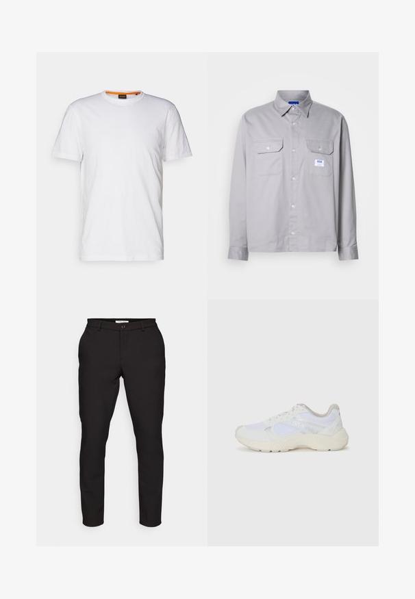 White cotton T-shirt with a crew neck, short sleeves, and a subtle embossed logo on the chest. Interior tag has an orange accent.; Gray long-sleeve shirt made of cotton, featuring a button-down collar, two chest pockets, and a small branded label on the left pocket.; Black tailored trousers with a slim fit. Features a zip fly, button closure, side pockets, and smooth, lightweight fabric.; White athletic shoes made of mesh and suede, featuring a textured midsole, textured accents, and "HUGO" logo on the side.