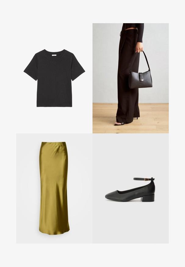 Fekete póló, puha anyagból készült, kerek nyakkivágással és rövid ujjakkal. A dizájn egyszerű, nem tartalmaz látható mintákat vagy díszítéseket.; Szatén, olíva zöld, magas derekú szoknya sima, testhezálló kialakítással, taperált formával és sima textúrával, padlóhosszan viselhető stílusban.; Fekete bőr magassarkú cipő hegyes orral és alacsony tömb sarkal. Bokapánttal rendelkezik, aranyszínű csattal. Simább textúra.; Fekete kézi táska strukturált formával, sima textúrával és fémből készült záródással. Széles fekete nadrággal és nyitott orrú szandállal párosítva, fából készült padlón.