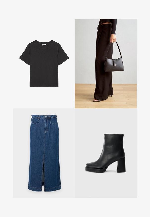 T-shirt preta feita de tecido macio, com gola redonda e mangas curtas. O design é simples, sem padrões ou acentos visíveis.; Saia midi de ganga em azul escuro, com uma fenda frontal, design de cinco bolsos e passantes para cinto na cintura. Textura suave e resistente.; Bota de couro preta até ao tornozelo com salto bloco e sola com plataforma, vista de lado sobre um fundo branco liso.; Bolsa preta com forma estruturada, textura suave e um fecho metálico. Combinada com calças largas pretas e sandálias de salto aberto sobre um chão de madeira.