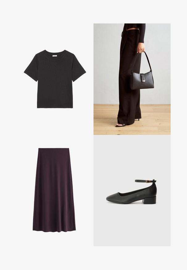 Crna majica izrađena od mekog materijala, s okruglim izrezom i kratkim rukavima. Dizajn je jednostavan bez vidljivih uzoraka ili akcenata.; Ljubičasta suknja od glatkog materijala, s A-linijom siluetom i krojem do koljena, bez vidljivih uzoraka ili kopčanja.; Crne kožne pumpe s oštrim vrhom i niskom blok petom. Sadrže remen oko gležnja s zlatnim kopčanjem. Glatka tekstura.; Crna torba s oblikom koji sadrži strukturu, glađu teksturu i metalnu kopču. Uparena s širokim crnim hlačama i sandalama na otvorenom s drvenog poda.