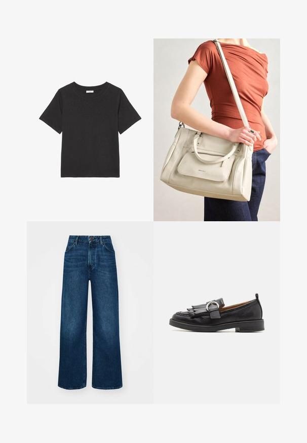 Black t-shirt made of soft fabric, featuring a crew neckline and short sleeves. The design is simple with no visible patterns or accents.; High-waisted, wide-leg jeans in dark blue denim with a smooth texture, contrast stitching, and five-pocket design. Front button closure.; Pavement MATILDA - Slip-ons - black; White leather handbag with dual handles and a detachable strap, featuring a front zip pocket and smooth texture. Carrying on a person's arm.