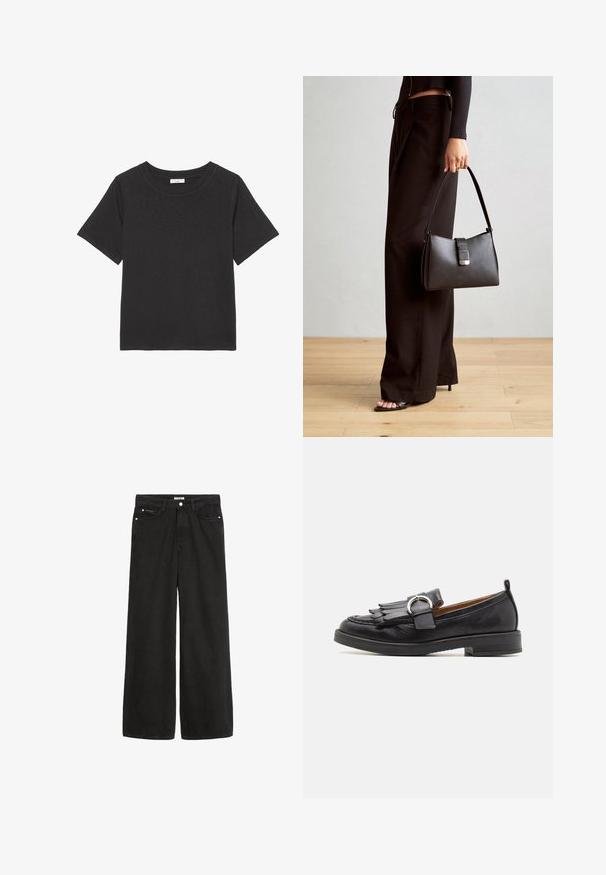 Fekete póló, puha anyagból készült, kerek nyakkivágással és rövid ujjakkal. A dizájn egyszerű, nem tartalmaz látható mintákat vagy díszítéseket.; Széles lábú fekete farmernadrág magas derékkal. Öt zseb, fémalkatrészek és letisztult kivitel jellemzi. A textúra sima és puha.; Pavement MATILDA - Belebújós cipők - black; Fekete kézi táska strukturált formával, sima textúrával és fémből készült záródással. Széles fekete nadrággal és nyitott orrú szandállal párosítva, fából készült padlón.