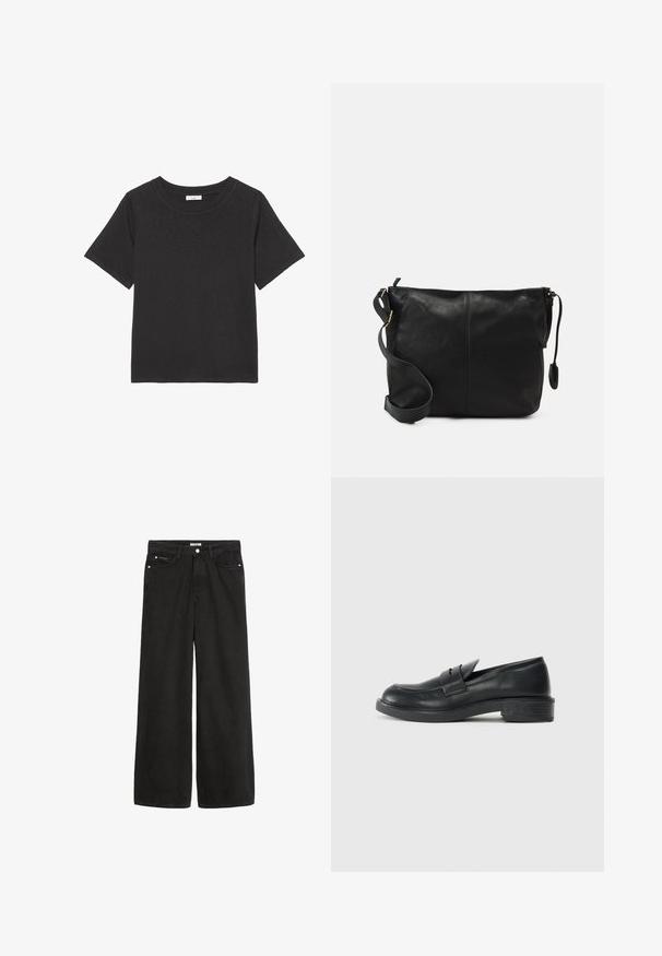 Melnā T-kreklā, izgatavotā no mīkstas auduma, ir apaļš kakls un īsas piedurknes. Dizains ir vienkāršs, bez redzamām rakstām vai akcentiem.; Plašas kāju melnas denima bikses ar augstu jostasvietu. Iespējo piecas kabatas, metāla detaļas un gludu apdari. Audums ir mīksts un patīkams uz tausti.; Melni ādas mokasīni ar noapaļotu purngu, šuvju detalizāciju un nelielu papēdi. Gluda tekstūra un elastīga gumijas zole.; Melnas ādas plecu soma ar platu formu, ar zelta aksesuāriem un regulējamu siksnu. Gluda tekstūra ar minimāliem šuvju detaļām.