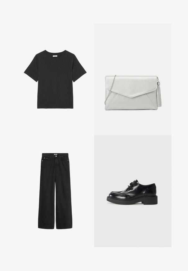 T-shirt nera realizzata in tessuto morbido, con collo a giro e maniche corte. Il design è semplice, senza motivi o dettagli visibili.; Jeans in denim nero a gamba larga con vita alta. Presentano cinque tasche, accessori metallici e una finitura pulita. La texture è liscia e morbida.; Scarpa oxford in pelle nera con punta tonda, design con lacci e suola in gomma nera spessa. Texture liscia e dettagli di cucitura minimi.; Clutch bag in ecopelle argentata con design a busta, tracolla a catena e dettaglio con nappina su un lato, caratterizzata da cuciture angolari.