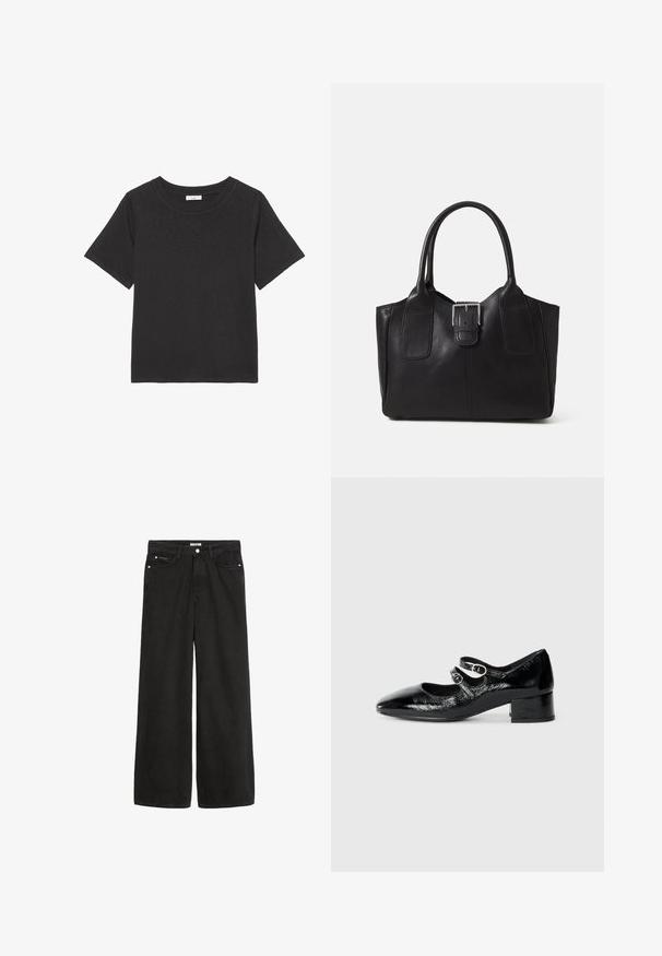 Schwarzes T-Shirt aus weichem Stoff, mit Rundhalsausschnitt und kurzen Ärmeln. Das Design ist schlicht, ohne sichtbare Muster oder Akzente.; Schwarz denim Weitbein-Hose mit hoher Taille. Verfügt über fünf Taschen, Metallbeschläge und eine saubere Verarbeitung. Die Textur ist glatt und weich.; Schwarze Lackleder-Mary-Jane-Schuhe mit spitzem Zehenbereich, zwei verstellbaren Riemen mit runden Beschlägen und einem niedrigen Blockabsatz.; Schwarze Leder-Tote mit glatter Textur, strukturiertem Design, zwei Griffen und einem auffälligen silbernen Schnallen-Detail auf der Vorderseite.