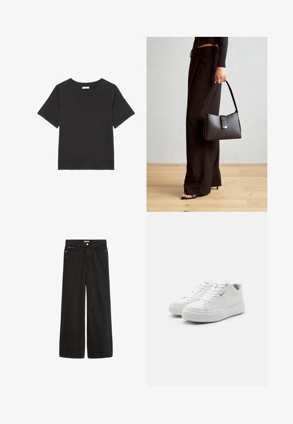 Musta T-särk, mis on valmistatud pehmest kangast, ümarate kaeluste ja lühikeste varrukatega. Disain on lihtne, ilma nähtavate mustrite või aktsentideta.; Laiad mustad teksased kõrge vöökohaga. Omab viit taskut, metallist detaile ja puhtat lõpetust. Tekstuur on sujuv ja pehme.; Valged madalad sportlikud kingad, millel on siledast kanvase pealistest, ümar varvas ja paks kummitald. Omavad sidumisfronti ja minimalistiilist disaini.; Must musta kott, millel on struktureeritud kuju, sile tekstuur ja metallist klamber. Kombineeritud laiate mustade pükstega ja avatud varvaste sandaalidega puidust põrandal.