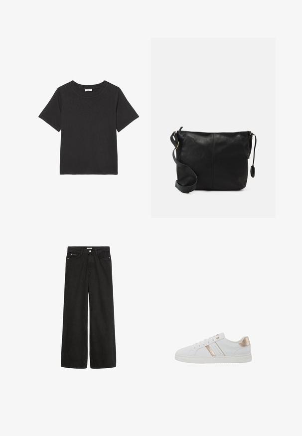 Čierne tričko vyrobené z jemnej látky, s okrúhlym výstrihom a krátkymi rukávmi. Dizajn je jednoduchý, bez viditeľných vzorov alebo akcentov.; Široké čierne denímové džínsy s vysokým pásom. Obsahujú päť vreciek, kovové doplnky a čistý vzhľad. Textúra je hladká a jemná.; Biele tenisky s nízkym strihom, hladkým materiálom podobným koži, metalickými ružovými zlatými akcentami a textúrovanou gumovou podrážkou.; Čierna kožená crossbody taška s plochým tvarom, zlatými kovovými akcentmi a nastaviteľným popruhom. Hladký povrch s minimálnymi švíkmi.