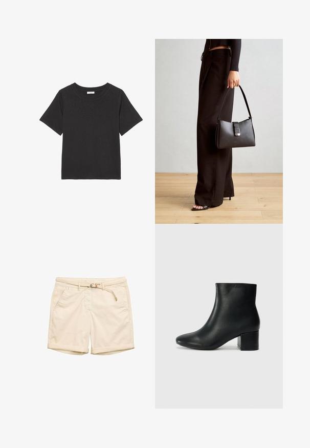 Schwarzes T-Shirt aus weichem Stoff, mit Rundhalsausschnitt und kurzen Ärmeln. Das Design ist schlicht, ohne sichtbare Muster oder Akzente.; Beige Shorts aus Baumwolle mit einem gewebten Gürtel, vier Taschen und umgeschlagenen Säumen, die eine saubere, glatte Textur aufweisen.; Schwarze Leder-Ankle-Boots mit spitzem Zehenbereich und klobigem Absatz. Glatte Textur mit minimalen Akzenten und einem eleganten, taillierten Design.; Schwarze Handtasche mit strukturierter Form, glatter Textur und einem metallischen Verschluss. Kombiniert mit weiten schwarzen Hosen und offenen Sandalen auf einem Holzboden.