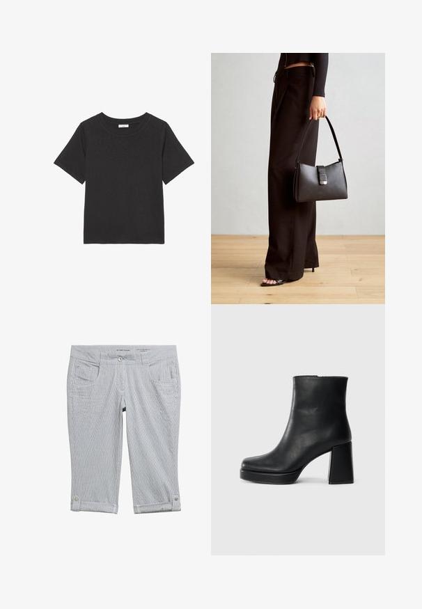 Black t-shirt made of soft fabric, featuring a crew neckline and short sleeves. The design is simple with no visible patterns or accents.; Striped capri pants in light gray and white. Features a button closure, four pockets, and rolled hems with button accents. Soft fabric texture.; Black leather ankle boot with a block heel and platform sole, viewed from the side on a plain white background.; Black handbag with structured shape, smooth texture, and a metallic clasp. Paired with wide black pants and open-toe sandals on wooden floor.
