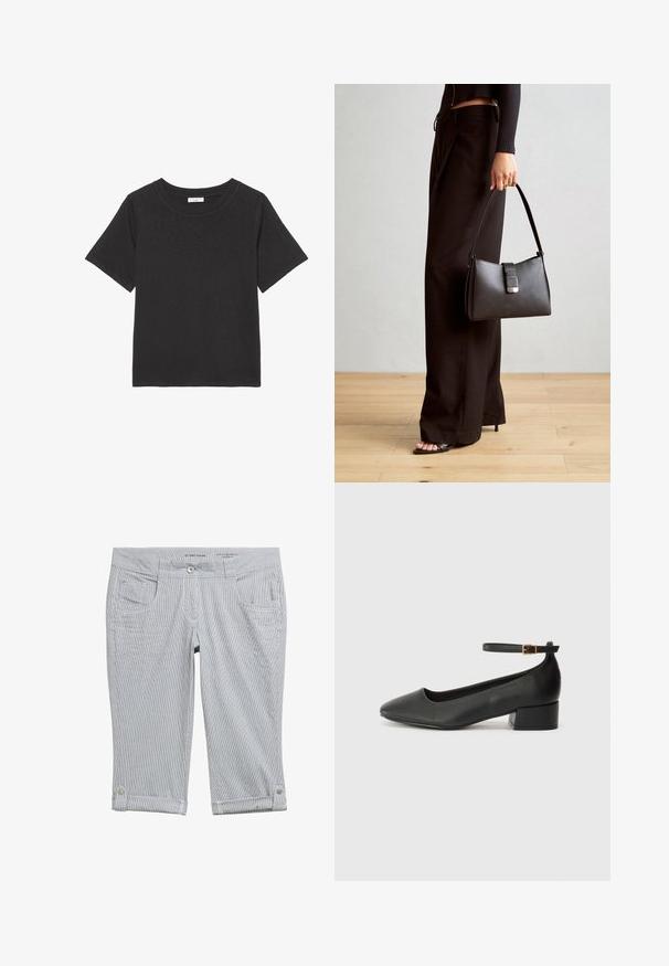 Schwarzes T-Shirt aus weichem Stoff, mit Rundhalsausschnitt und kurzen Ärmeln. Das Design ist schlicht, ohne sichtbare Muster oder Akzente.; Gestreifte Capri-Hosen in Hellgrau und Weiß. Verfügt über einen Knopfverschluss, vier Taschen und umgeschlagene Säume mit Knopfdetails. Weicher Stoff.; Schwarze Lederpumps mit spitzem Zehenbereich und niedrigem Blockabsatz. Mit einem Knöchelriemen und einer goldfarbenen Schnalle. Glatte Textur.; Schwarze Handtasche mit strukturierter Form, glatter Textur und einem metallischen Verschluss. Kombiniert mit weiten schwarzen Hosen und offenen Sandalen auf einem Holzboden.