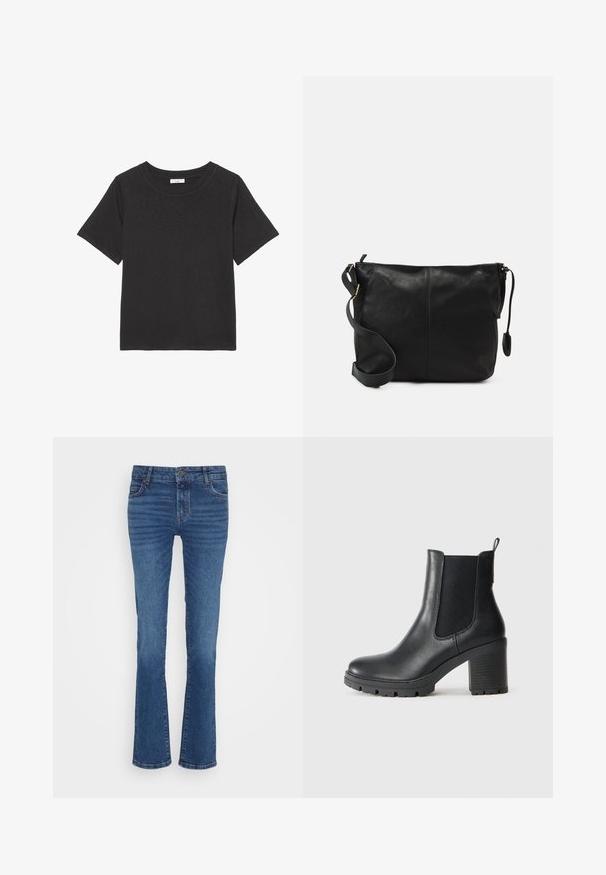 Černé tričko vyrobené z měkké látky, s kulatým výstřihem a krátkými rukávy. Design je jednoduchý, bez viditelných vzorů nebo akcentů.; Modré džíny z denimu se střihovým designem rovného nohavice, se světlejším vyblednutím, pěti kapsami a kovovým knoflíkem na zapínání v pase.; Černá kožená kotníková obuv s elastickými bočními panely, masivní gumovou podrážkou a vysokým blokovým podpatkem. Obsahuje poutko na zadní straně.; Černá kožená kabelka přes rameno s plochým tvarem, zlatými kovovými detaily a nastavitelným popruhem. Hladký povrch s minimem švů.