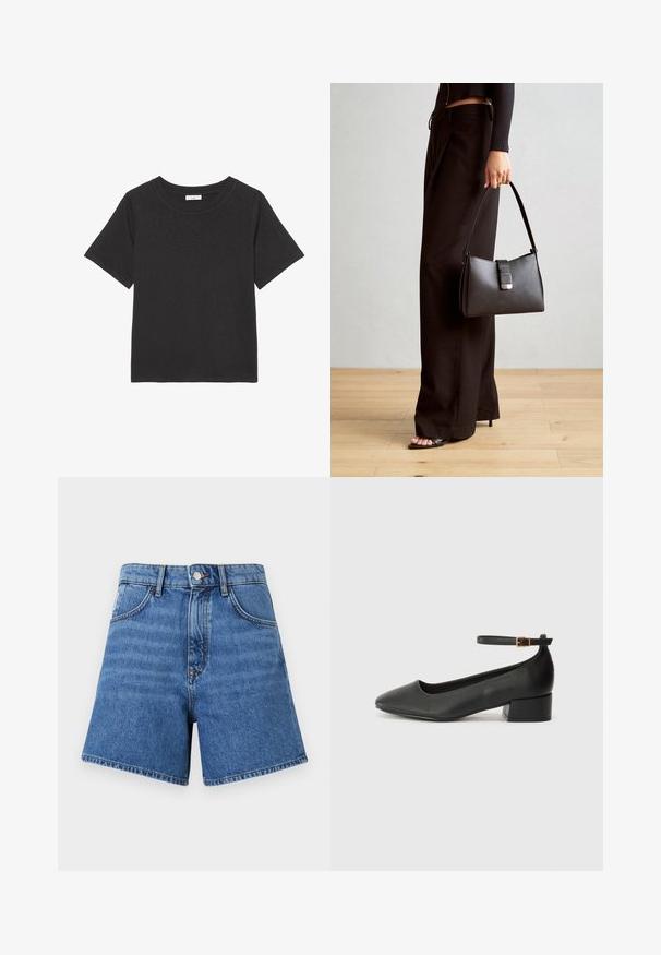 Črna majica s kratkimi rokavi iz mehkega materiala, s krožnim izrezom. Oblikovanje je preprosto, brez vidnih vzorcev ali dodatkov.; Denim kratke hlače v srednje modri barvi, z visokim pasom, petimi žepi in kontrastnim šivanjem. Tkanina ima gladko teksturo in ravne hlačnice.; Črne usnjene pumpice z nazobčanimi prsti in nizko blokasto peto. Imajo trak okoli gležnja z zaponko v zlatem tonu. Gladka tekstura.; Črna torbica z strukturirano obliko, gladko teksturo in kovinskim zaponko. Ujemajo se z širokimi črnimi hlačami in odprtimi sandali na lesenem tleh.