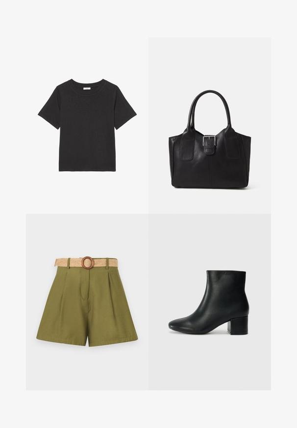 Black t-shirt made of soft fabric, featuring a crew neckline and short sleeves. The design is simple with no visible patterns or accents.; Olive green shorts with pleats, featuring a woven straw belt and wooden ring buckle. Smooth texture, tailored design with clean lines.; Black leather ankle boots with a pointed toe and a chunky heel. Smooth texture with minimal accents and a sleek, fitted design.; Black leather tote bag with smooth texture, structured shape, two handles, and a prominent silver buckle detail on the front.