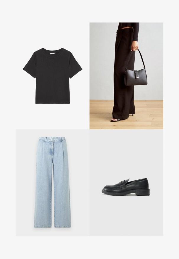 Musta T-särk, mis on valmistatud pehmest kangast, ümarate kaeluste ja lühikeste varrukatega. Disain on lihtne, ilma nähtavate mustrite või aktsentideta.; Heledad sinine denim materjalist laiad püksid, millel on pleeded, elastne vöökoht ja pleekinud viimistlus. Omab sirget lõiget ja lõpetatud ääriseid.; Mustad nahast loafers ümarate varvastega, tikkimiste detailidega ja väikese kandiga. Sile pind ja paindlik kummist tald.; Must musta kott, millel on struktureeritud kuju, sile tekstuur ja metallist klamber. Kombineeritud laiate mustade pükstega ja avatud varvaste sandaalidega puidust põrandal.