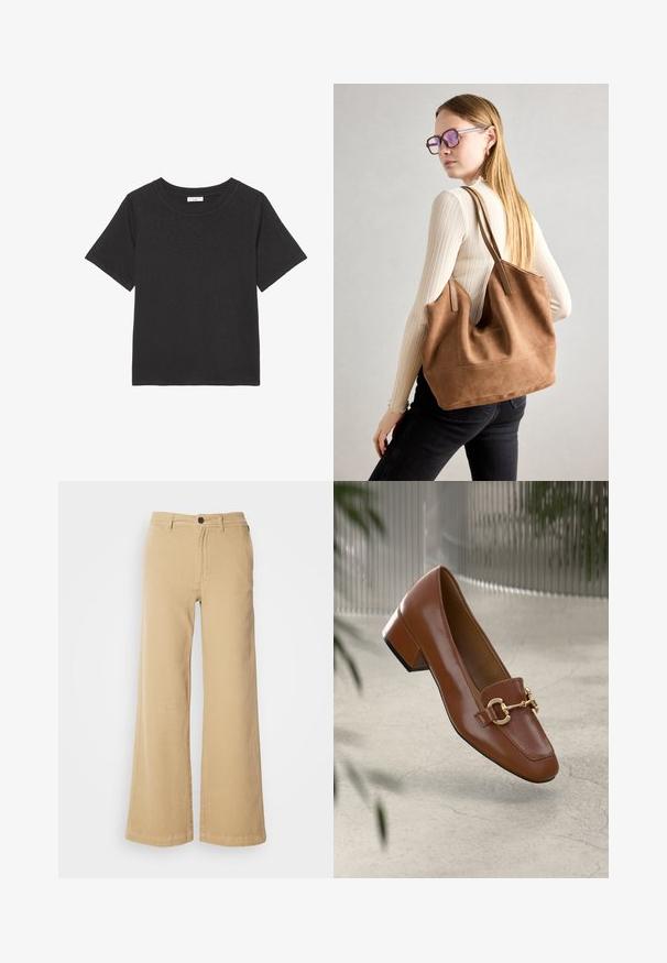 Crna majica izrađena od mekog materijala, s okruglim izrezom i kratkim rukavima. Dizajn je jednostavan bez vidljivih uzoraka ili akcenata.; Bež hlače širokih nogavica od pamučne mješavine, s prednjim zatvaranjem na dugme, petljama za remen i ušivenim detaljima uz šavove.; Smeđi lakirani loafer s kvadratnim vrhom, metalnim lancem kao naglaskom i niskom blok petom; glatka tekstura, minimalistički dizajn.; Smeđa suede torba sa mekom teksturom, širokim otvorom i dugim trakama. Ima jednostavan dizajn s vidljivim šavovima i bez hardvera.