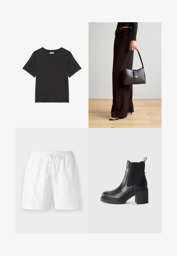 Fekete póló, puha anyagból készült, kerek nyakkivágással és rövid ujjakkal. A dizájn egyszerű, nem tartalmaz látható mintákat vagy díszítéseket.; Fehér pamut rövidnadrág rugalmas derékkal, zsinóros részletekkel és laza szabással. Simává textúrája és térdhez érő fazonja van.; Fekete bőr bokacsizma vastag sarokkal, elasztikus oldalsó panelekkel és hátsó húzófüllel. Texturált talp a jobb tapadás érdekében.; Fekete kézi táska strukturált formával, sima textúrával és fémből készült záródással. Széles fekete nadrággal és nyitott orrú szandállal párosítva, fából készült padlón.