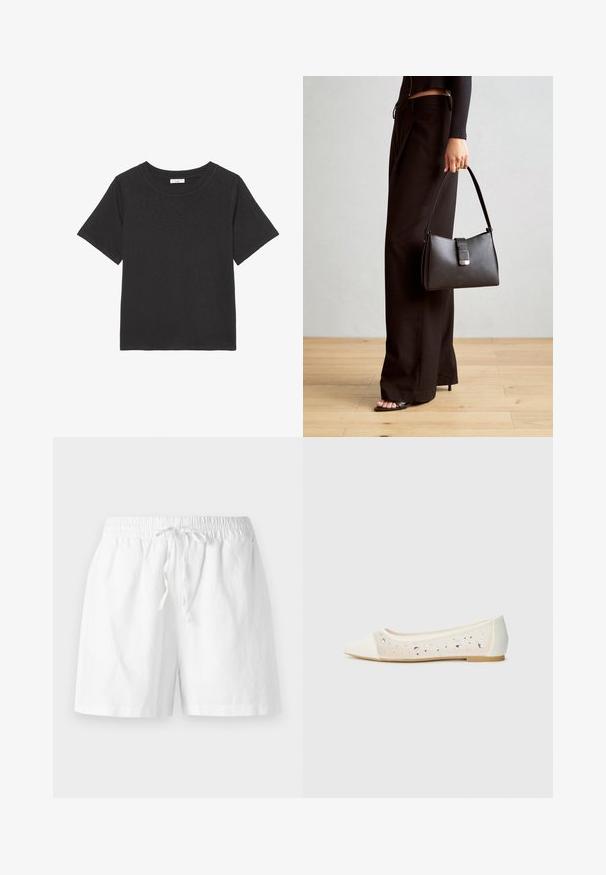 Black t-shirt made of soft fabric, featuring a crew neckline and short sleeves. The design is simple with no visible patterns or accents.; White cotton shorts with an elastic waistband, drawstring detail, and a relaxed fit. Smooth texture and knee-length design.; Pointed-toe flat in cream leather with transparent upper featuring scattered rhinestones. Soft sole for comfort, minimalistic design.; Black handbag with structured shape, smooth texture, and a metallic clasp. Paired with wide black pants and open-toe sandals on wooden floor.