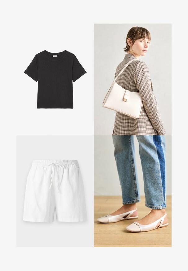 Musta T-särk, mis on valmistatud pehmest kangast, ümarate kaeluste ja lühikeste varrukatega. Disain on lihtne, ilma nähtavate mustrite või aktsentideta.; Valged puuvillased lühikesed püksid elastse vöökoha, paelaga detaili ja lõdva lõikega. Sile tekstuur ja põlvepikkune disain.; Kahvatu roosa slingback lapikute jalatsite paar, millel on terav varvas, valmistatud siledast nahataolisest materjalist. Omab külgedel lõikekohti ja lapikut kontsa.; Valge nahast käekott struktureeritud disainiga, millel on magnetlukk ja õlavarre rihm, esitletud neutraalse tausta ees.