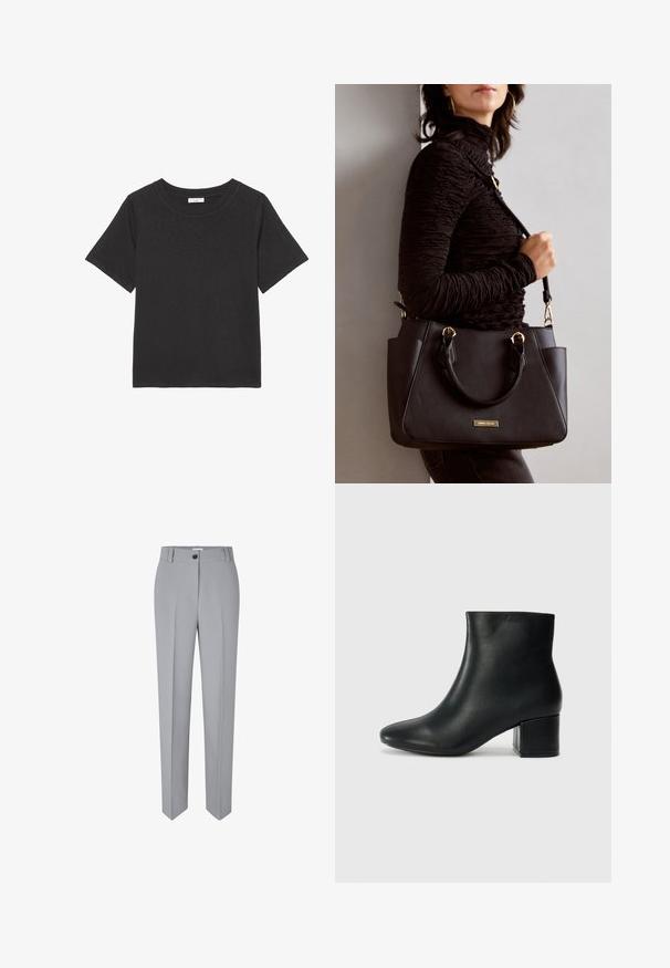 T-shirt nera realizzata in tessuto morbido, con collo a giro e maniche corte. Il design è semplice, senza motivi o dettagli visibili.; Pantaloni grigi su misura con gamba dritta, realizzati in un tessuto liscio. Presentano una chiusura con bottone frontale e due tasche anteriori.; Stivali neri in pelle fino alla caviglia con punta appuntita e tacco spesso. Texture liscia con minimi dettagli e un design elegante e aderente.; Borsa nera con superficie texturizzata, manici superiori doppi e tracolla regolabile. Dotata di hardware color oro e tasche laterali.
