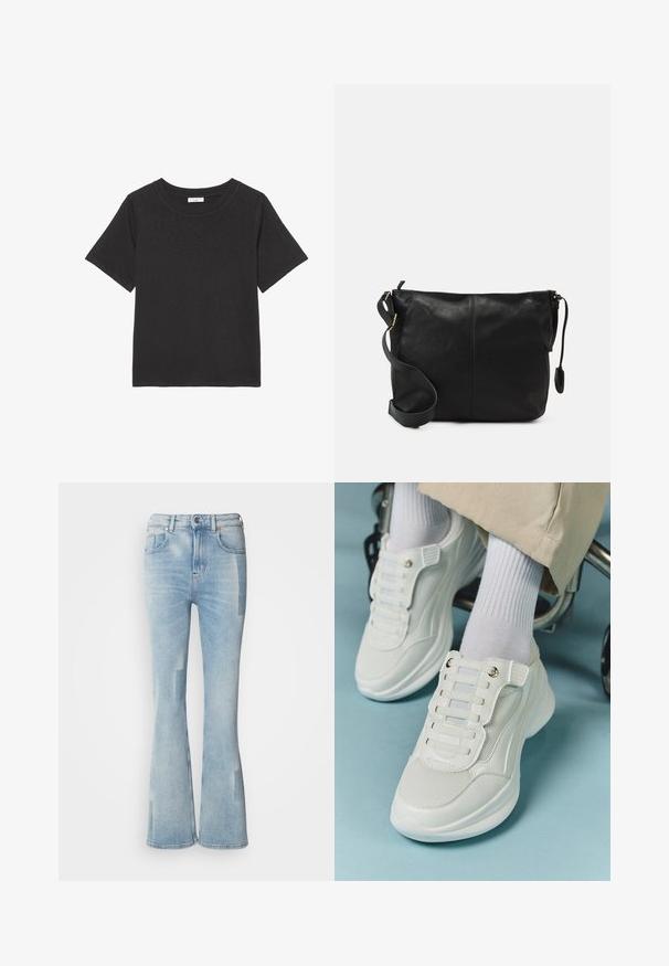 Black t-shirt made of soft fabric, featuring a crew neckline and short sleeves. The design is simple with no visible patterns or accents.; Scotch & Soda THE GLOW - Bootcut jeans - art from the heart; White sneakers featuring a mesh material, rubber sole, lace-free design with elastic bands, and gold-toned accents.; Black leather crossbody bag with a flat shape, gold hardware accents, and an adjustable strap. Smooth texture with minimal stitching details.